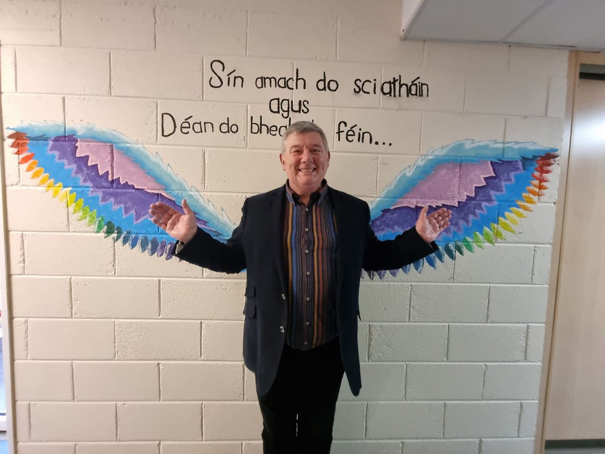 'Mol na sinsir agus tiocfaidh siad freisn !' at Gaelscoil Dubhghlaise, Corcaigh.
The inscription on the wall reads 'Spread your wings and make your own way/follow your own path. #seachtainnagaeilge