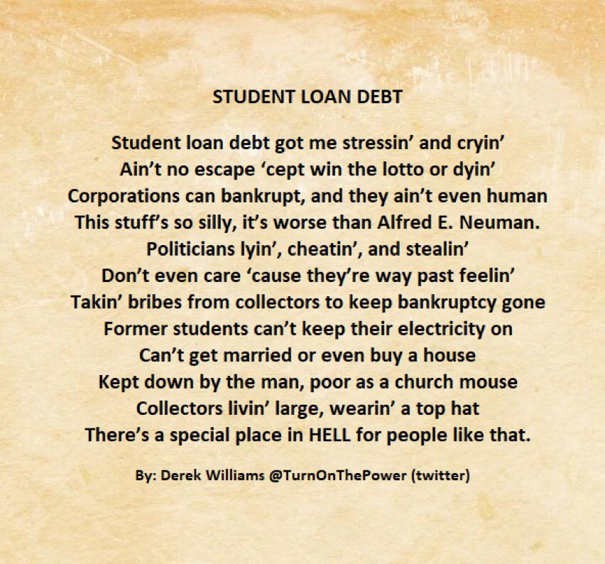 TurnOnThePower's tweet image. A poem I wrote about #studentloans that was actually published in a poetry book. 
#CancelStudentDebt #CancelALLStudentDebtNOW