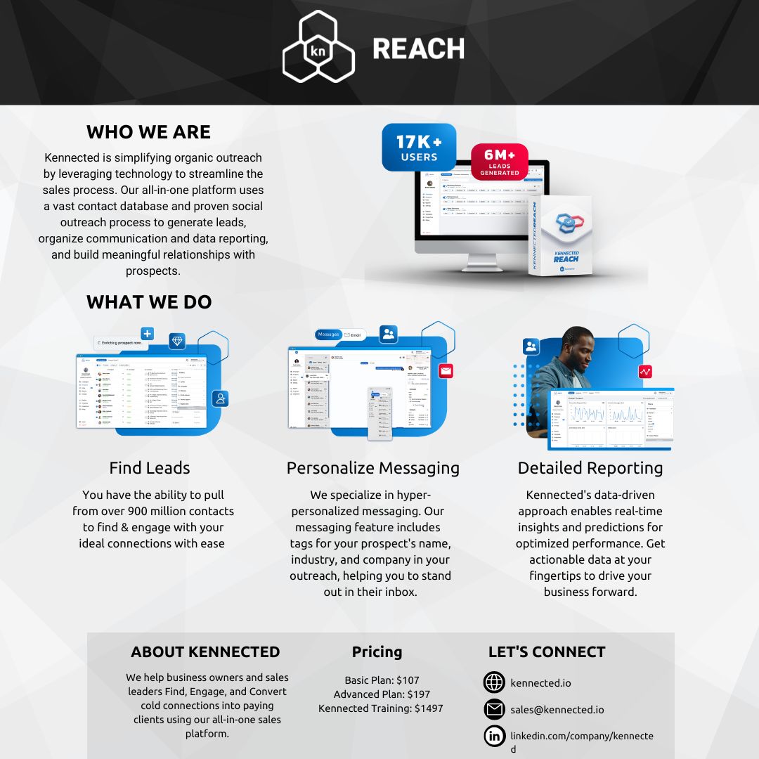 Kennected_org's tweet image. Our all-in-one platform uses technology to streamline your sales process, generate leads, and build meaningful relationships with prospects. 

 Say hello to more time, more leads, and more meaningful connections. Try Kennected today! 

#kennected #salesplatform #leadgeneration