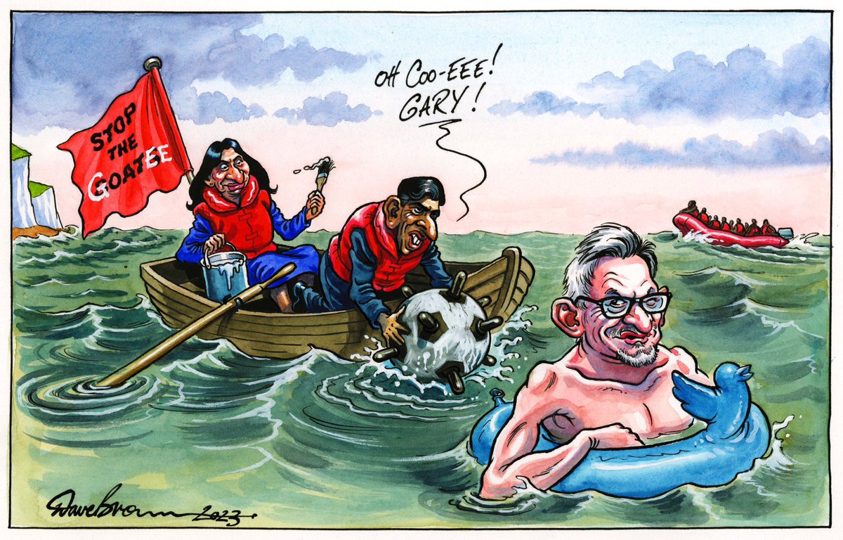 Dave Brown on #SuellaBraverman #RishiSunak #GaryLineker #BBC #AsylumSeekers #Immigration #SmallBoats #HumanRightsAct #ECHR @GaryLineker – political cartoon gallery in London original-political-cartoon.com