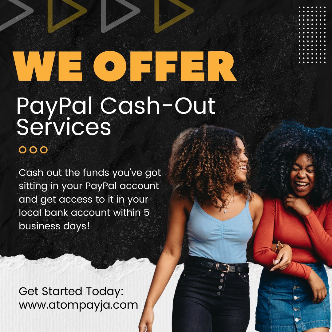 It's time to stop stressing about getting access to your PayPal funds.

Get paid with Atom Pay! 

#paypaltojmd #cashoutpaypal #paypalcashoutjamaica #paypalfunds #paypaltojamaicanbankaccount