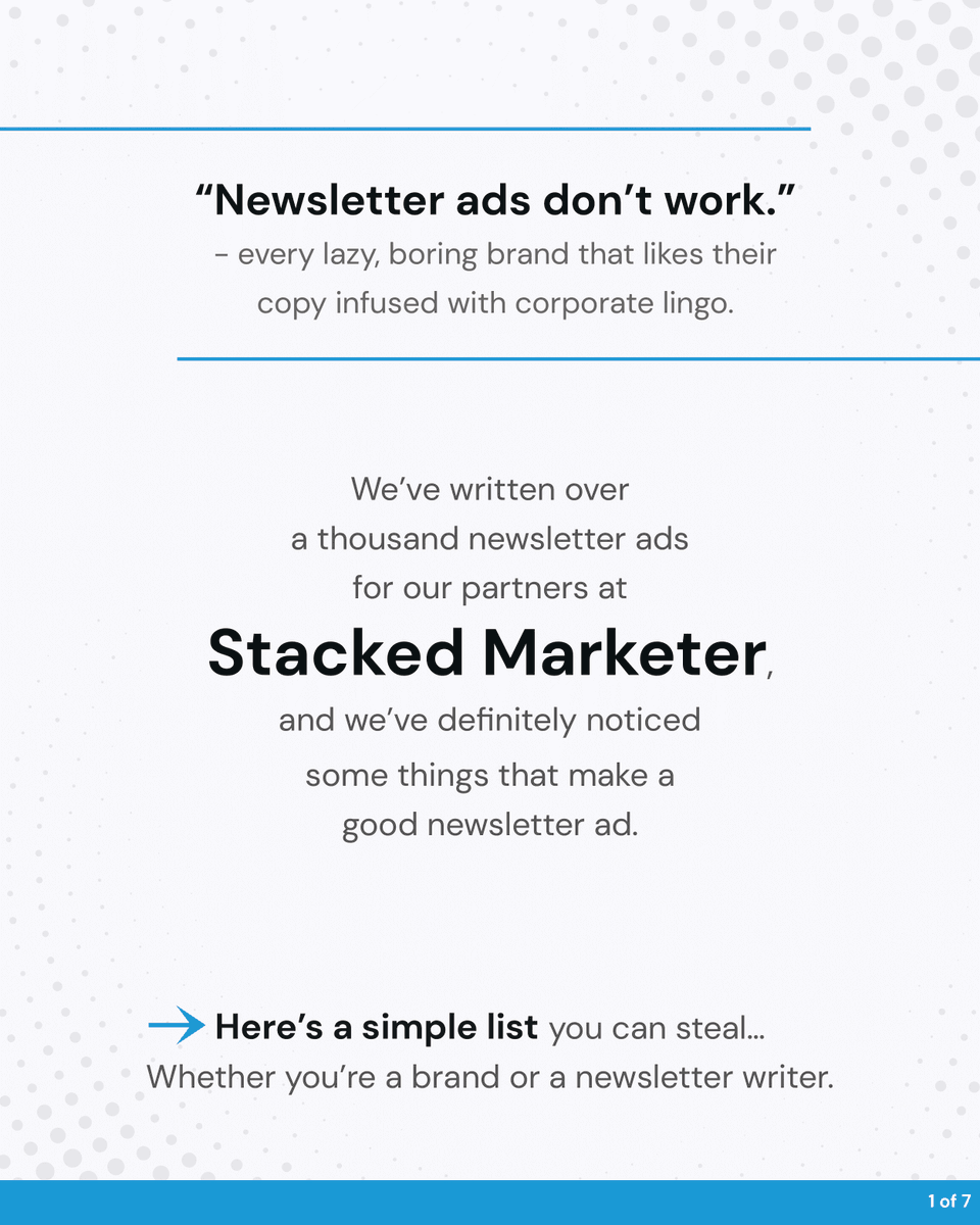 ❌ “Newsletter ads don’t work.” -  every boring brand that likes their copy infused with corporate lingo.

We’ve written over a thousand newsletter ads for our partners at <a href="/stackedmarketer/">Stacked Marketer</a> and we’ve definitely noticed some things that make a good newsletter ad.

[THREAD]
