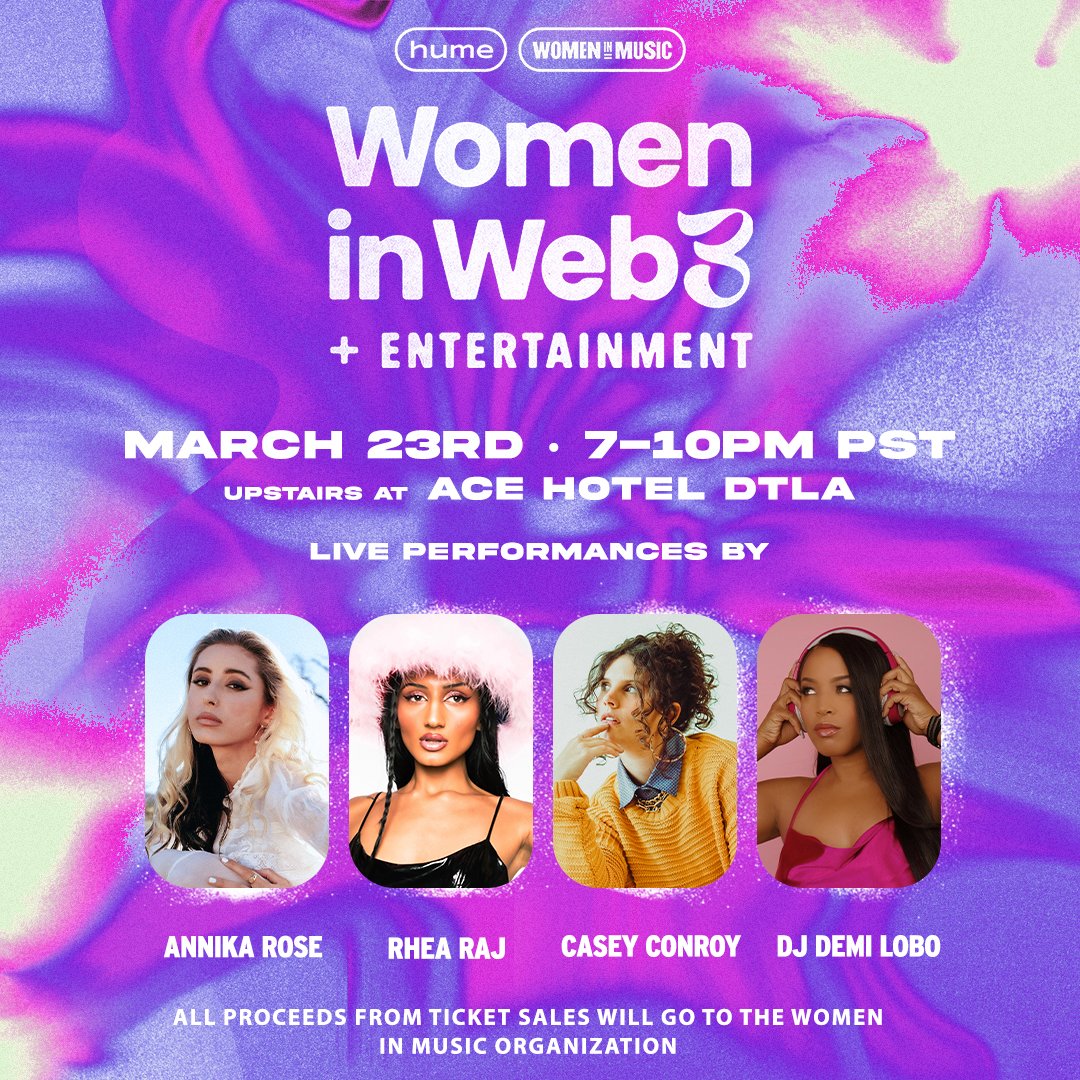Come party with us for #InternationalWomensMonth on March 23rd from 7-10pm at @acehotel DTLA🎉 🍸OPEN BAR FROM 7-8pm 🎶LIVE PERFORMANCES BY @AnnikaRoseSings @rhearajj @IAmCaseyConroy & DJ SET BY @demilobo 🎟️ALL TICKET SALES WILL GO TO @womeninmusicorg: bit.ly/HumeIWEvent