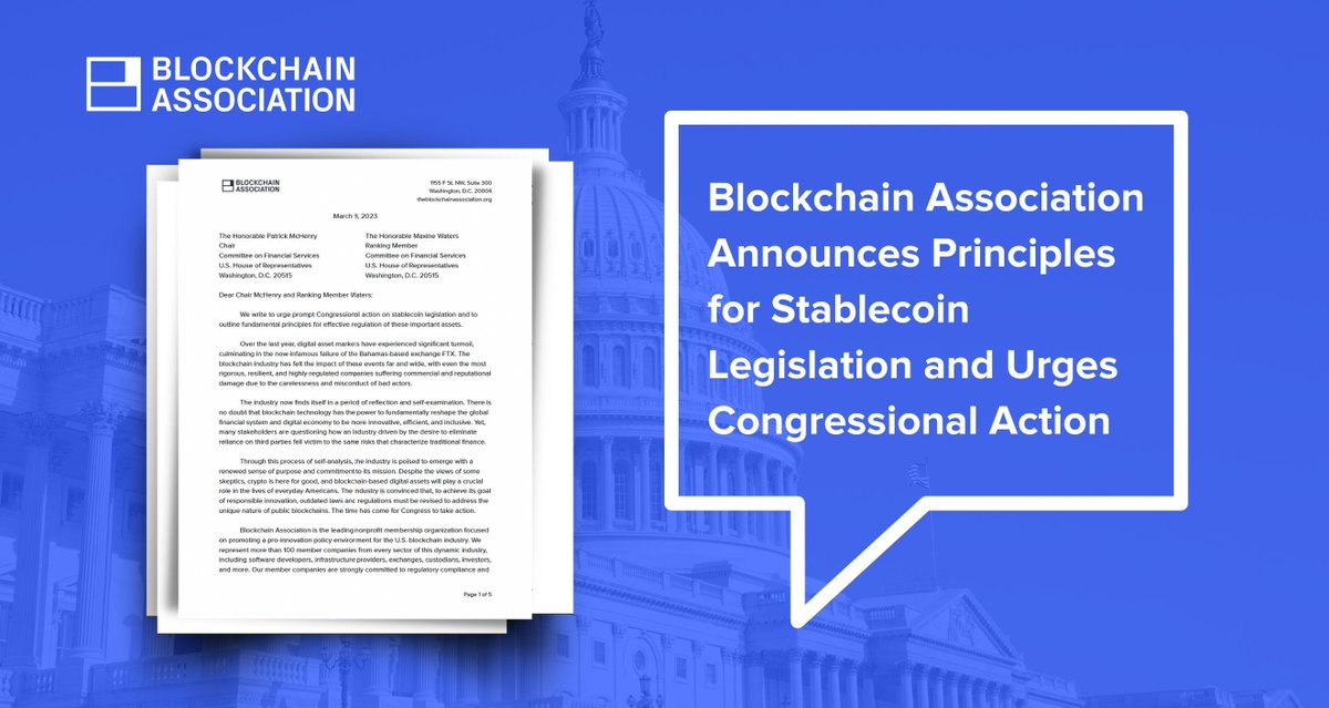 1/ Today we submitted a letter to <a href="/FinancialCmte/">Financial Services GOP</a> + <a href="/FSCDems/">FSC</a> w/ principles for stablecoin legislation + urged Congressional action.

Stablecoins are key crypto infrastructure + getting the right rules will ensure the U.S. remains *the* place for the development of blockchain tech.