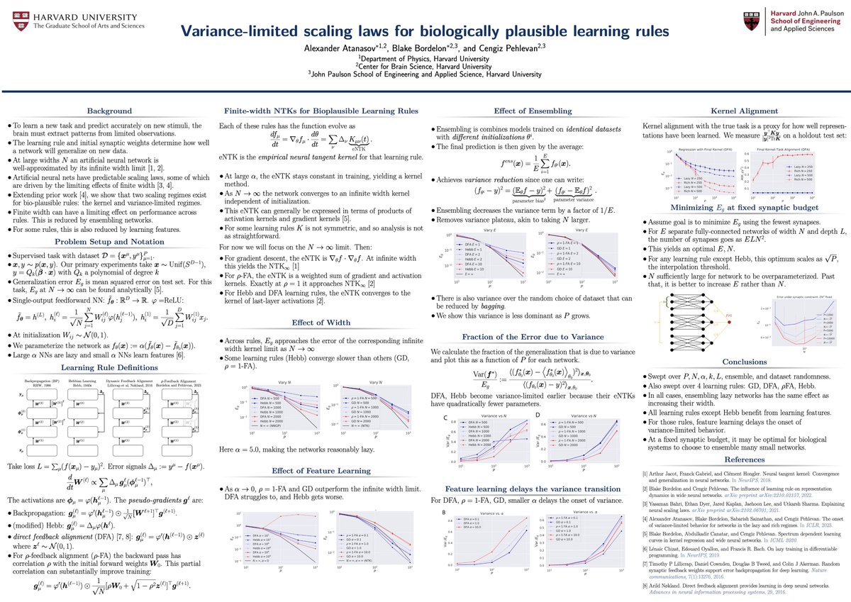 Thrilled to be attending #cosyne2023! With @blake__bordelon and @CPehlevan we've demonstrated that fluctuations of kernels (AKA similarity matrices) in finite size NNs can limit the performance of bio-plausible learning rules. Swing by poster 2-082 on Friday night to hear more!