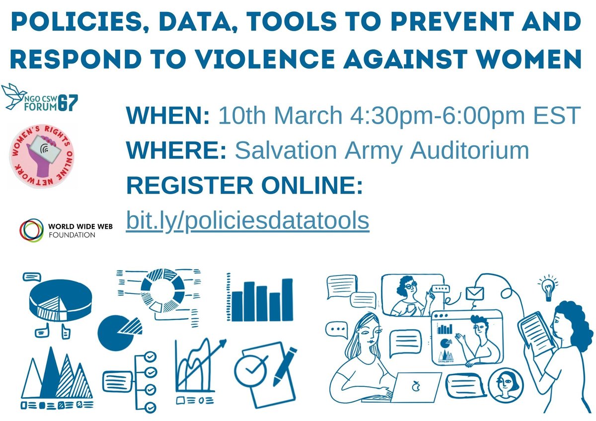 Looking forward to this event tomorrow, in person and online to share the latest from Women's Rights Online and @webfoundation on gaps in data, policies, and tools used to prevent and respond to online gender based violence. Sign up at: bit.ly/policiesdatato… #CSW67 #CSW2023