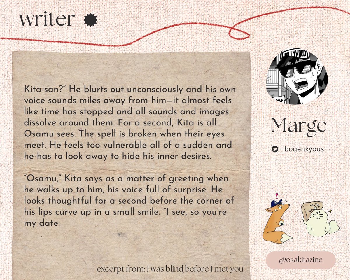 🍙 MOD-TRIBUTOR SPOTLIGHT 🌾

It’s time to introduce the mod team, who are also contributing! Here is Marge (<a href="/bouenkyous/">Marge</a>), our Head Mod, who will be contributing a writing piece to the zine!