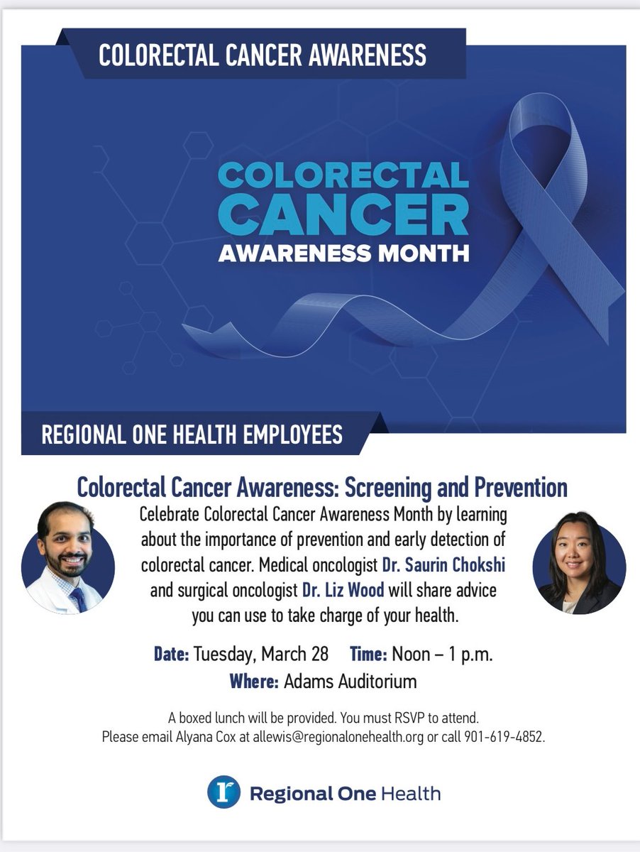 Hi Friends of Regional One,
  Please added the colorectal cancer awareness event on March 28th presented by UTHSC Cancer Center members Dr. Saurin Choksh and Dr. Liz Wood.

 See details attached.
