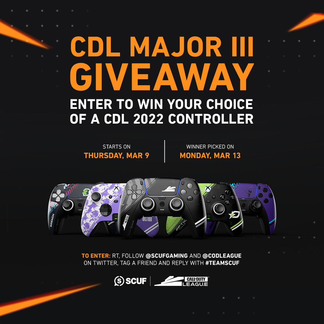 SCUF (@scufgaming) on Twitter photo Rep your favorite #CDL2023 team with a brand new SCUF.
To enter:
🔁 RT
✅ Follow <a href="/CODLeague/">Call of Duty League</a> & @SCUFGaming
⬇️ Tag a friend and reply with #TeamSCUF
Winner chosen on March 13th. Rep your favorite #CDL2023 team with a brand new SCUF.
To enter:
🔁 RT
✅ Follow <a href="/CODLeague/">Call of Duty League</a> & @SCUFGaming
⬇️ Tag a friend and reply with #TeamSCUF
Winner chosen on March 13th.
