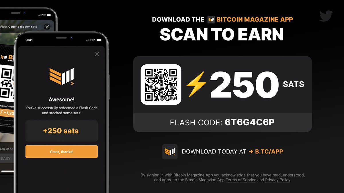 BitcoinMagazine's tweet image. ⚡️ IT'S TIME TO STACK SOME SATS ⚡️
We're dropping a ⚡️250 sat #FlashCode to celebrate our partnership with @River!
📲 Visit bitcoinmagazine.app
✅ Download the @EarnWithBM app
💥 Scan QR or enter code
⚡️ Withdraw your sats via Lightning
Happy Stacking 🫡