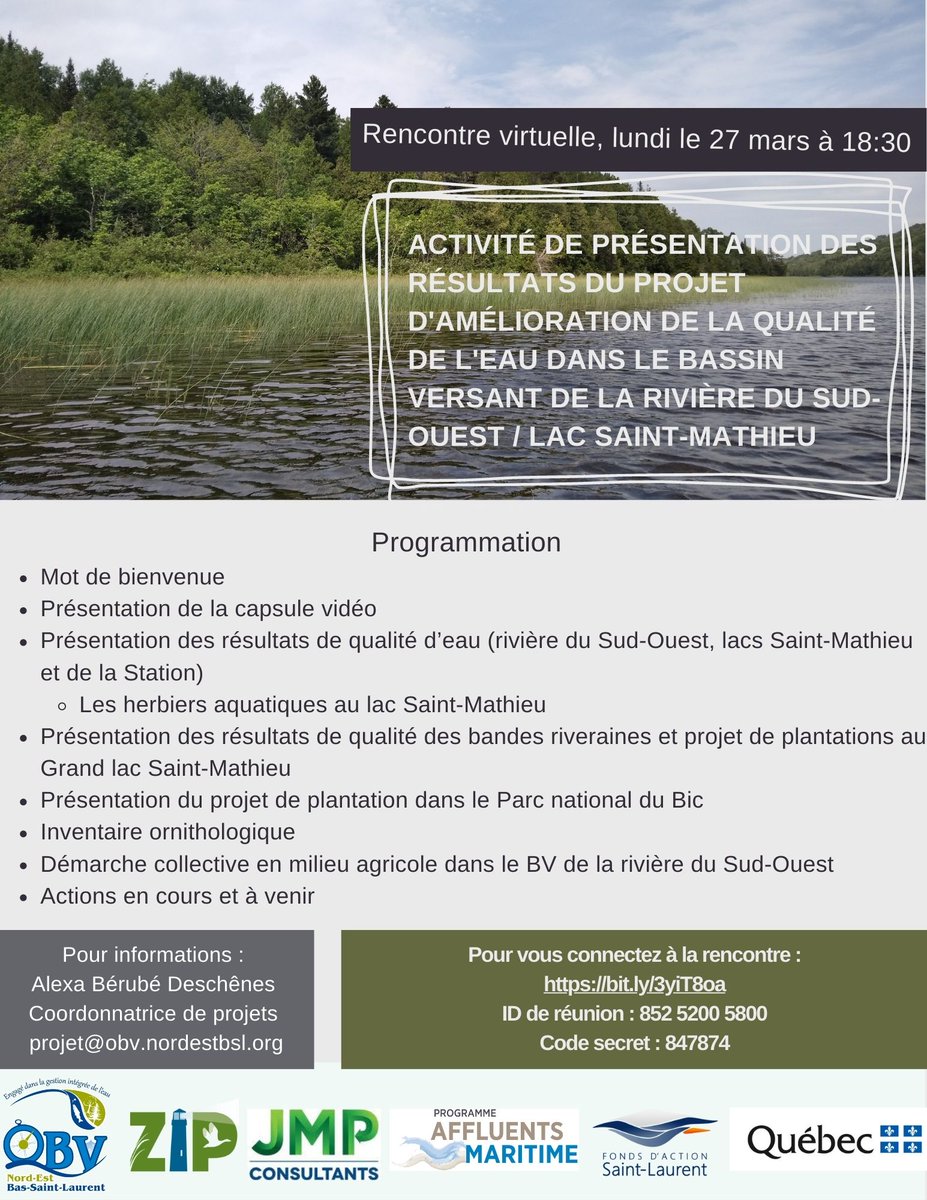 Invitation : Présentation des résultats du projet dans le BV de la rivière Sud-ouest 
Lundi 27 mars, 18 :30 
Cet événement est possible grâce au soutien financier du gouv. du Québec dans le cadre d’Avantage Saint-Laurent, la nouvelle vision maritime du Québec 
<a href="/TransportsQC/">transports-quebec</a>