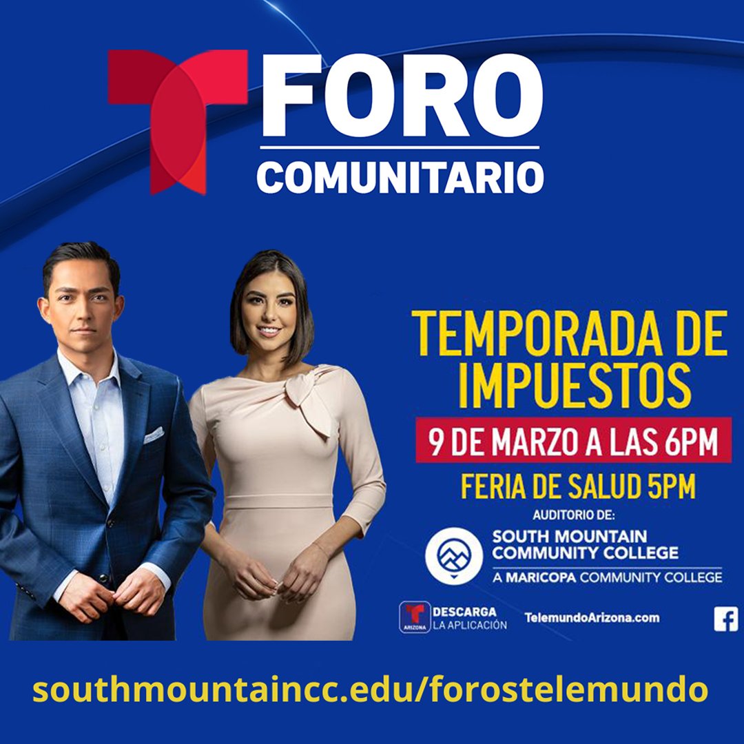 Nos hemos aliado con <a href="/TelemundoAZ/">Telemundo Arizona</a> para traer una serie de foros a SMCC! Acompáñanos hoy con el primer foro enfocado en esta temporada de impuestos. 

Detalles:
SMCC Performing Arts Center
5 pm | Feria Comunitaria
6 pm | Foro Temporada de Impuestos

southmountaincc.edu/forostelemundo