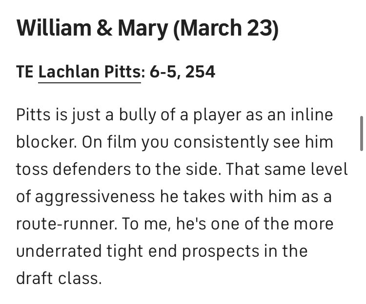 AlexBroers1's tweet photo. @FBallGameplan hit the nail on the head with this write up on @LachlanPitts81. One of the top blocking tight ends in the class, but will surprise people with how he tests at pro day. Underrated athlete! https://t.co/6mS7InZFhj