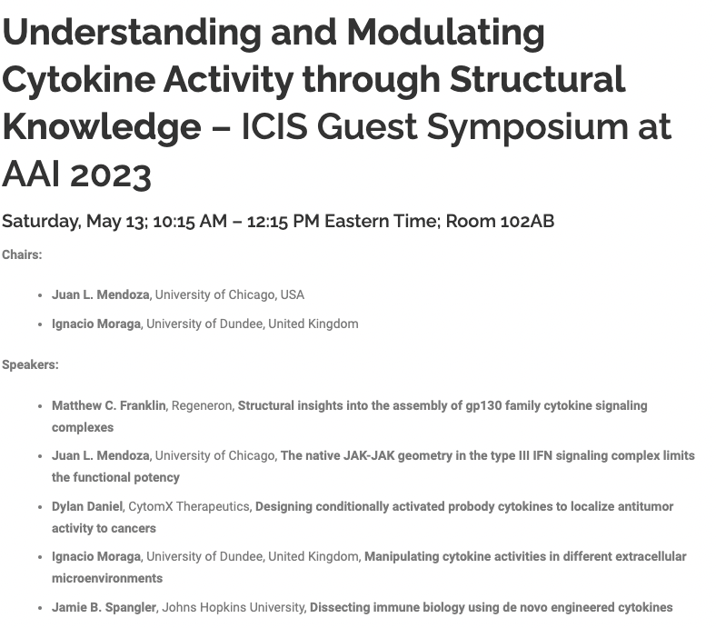 ICIS 🦋 @cytokinesociety.bsky.social (@cytokinesociety) on Twitter photo Going to AAI? Please join us for the ICIS Guest Symposium "Understanding and Modulating Cytokine Activity through Structural Knowledge" <a href="/DrJuanLMendoza/">Juan L. Mendoza</a> Saturday, May 13; 10:15 AM – 12:15 PM Eastern Time in Room 102AB
cytokinesociety.org/understanding-… via @httpstwittercomCytokineSociety Going to AAI? Please join us for the ICIS Guest Symposium "Understanding and Modulating Cytokine Activity through Structural Knowledge" <a href="/DrJuanLMendoza/">Juan L. Mendoza</a> Saturday, May 13; 10:15 AM – 12:15 PM Eastern Time in Room 102AB
cytokinesociety.org/understanding-… via @httpstwittercomCytokineSociety