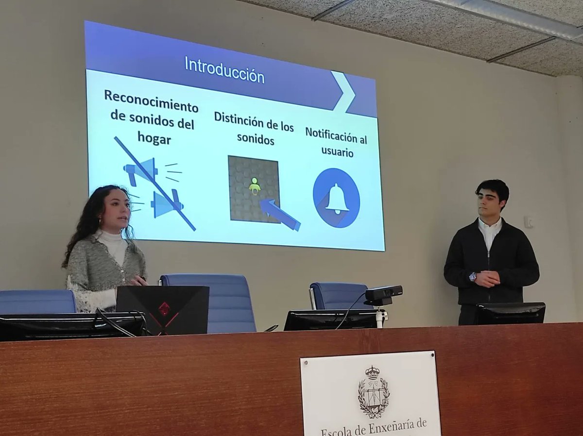 ciamariavigo's tweet photo. Defensa de proyectos #stembach 21-23. Nicolás Febrero y Rosa González presentan en la @EETelecoVigo: "Detección y clasificación de eventos acústicos mediante #InteligenciaArtificial", dirigido por Manuel Sobreira @uvigo y tutorizado por Mercedes Cerviño. Su nota: sobresaliente👏 https://t.co/3CdI54ElIR