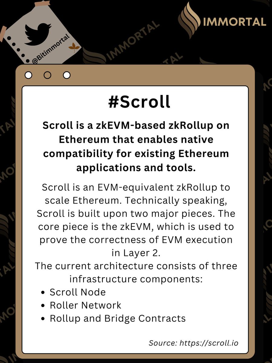 BitImmortal's tweet photo. #Scroll is a Layer 2 network built on #Ethereum “zero-knowledge rollup”. 
Scroll gains its security and speed by executing transactions off-chain, and also producing a cryptographic proof that the transactions were executed correctly. 

#crypto #education @Scroll_ZKP https://t.co/VQW6wgvvIl