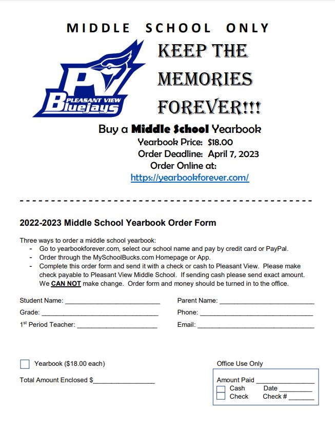 Pleasant View School on Twitter "PVMS, remember to buy your yearbook