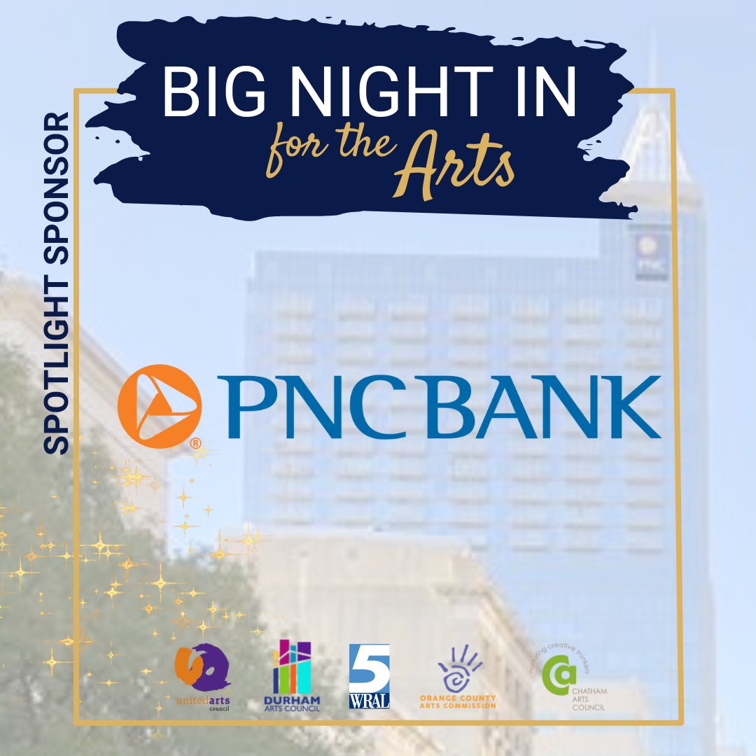 Big thanks to our $10K Spotlight Sponsor <a href="/PNCBank/">PNC Bank</a>  for being a pART of #BigNightIn &amp; supporting the arts in our community. Join them TONIGHT at 7pm on <a href="/WRALTV/">WRAL TV</a>  &amp; enjoy performances by @RissiPalmer <a href="/ChathamRabbits/">Chatham Rabbits</a>  &amp; more! #BNI23 #Arts919  bignightin.org