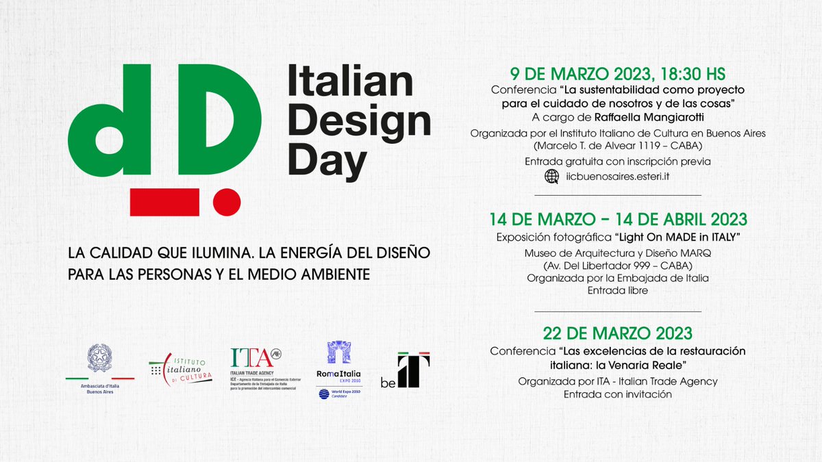 #IDD2023 | Compartimos las actividades organizadas por <a href="/ItalyinARG/">Italy in Argentina</a>, <a href="/IICbaires/">IIC Buenos Aires</a> e <a href="/ITABuenosAires/">ITA Buenos Aires</a> sobre la temática de este año: "La calidad que ilumina. La energía del diseño para las personas y el medio ambiente ♻️".
ℹ️ Más información ⤵️
ambbuenosaires.esteri.it/ambasciata_bue…
<a href="/ItalyMFA_int/">Italy MFA</a>