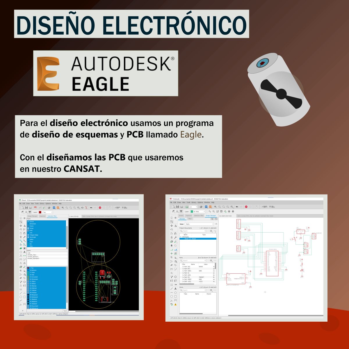 LaikataTeam's tweet photo. Continuamos nuestra serie de #infografías 📖 mostrando los programas que usamos en el #cansat2023

Hoy mostramos Eagle🦅, este programa de Autodesk nos sirve para el diseño de esquemas electrónicos y PCB. https://t.co/6Wkt6fawRZ