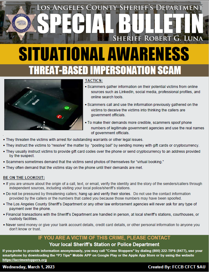 LASDCyber's tweet photo. Don't fall victim to this scam. Law Enforcement will not ask you to pay fines over the phone. https://t.co/A5tFDftmEA