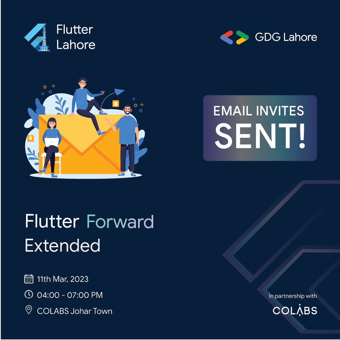 FlutterLahore's tweet image. Thank you for an overwhelming response 💙
Email invites have been rolled out to all shortlisted attendees!
📅 Saturday, 11th March, 2023
🕓 04:00 - 07:00 PM
📍 COLABS Johar Town
#Flutter #FlutterForwardExtended #FlutterLahore #Lahore #COLABS #GDGLahore #GoogleDevelopers