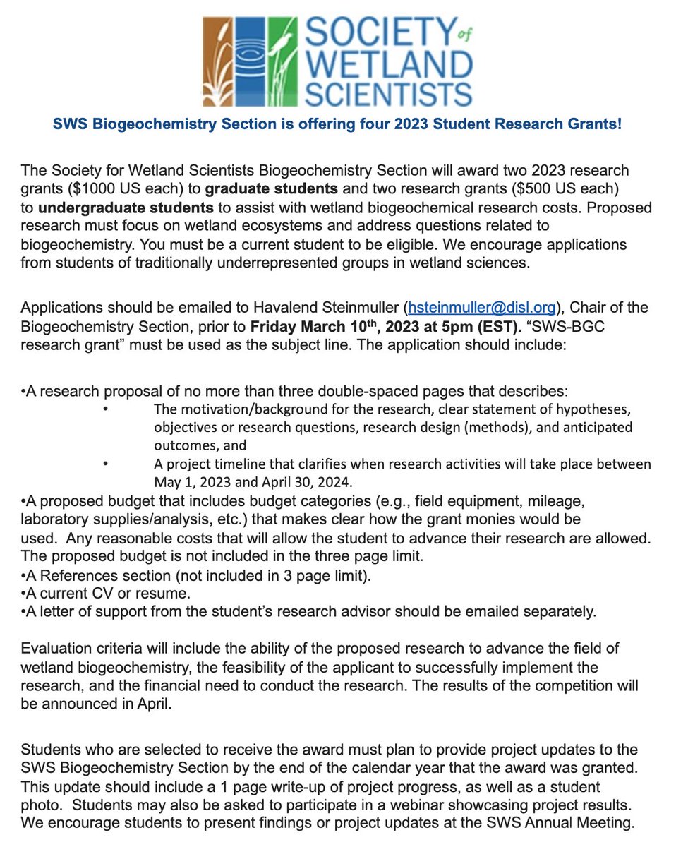SWS Biogeochemistry (@sws_bgc) on Twitter photo Four student research grants available! Submissions are due tomorrow! #funding #biogeochemistry #wetlands <a href="/SWS_org/">Society of Wetland Scientists</a> Four student research grants available! Submissions are due tomorrow! #funding #biogeochemistry #wetlands <a href="/SWS_org/">Society of Wetland Scientists</a>