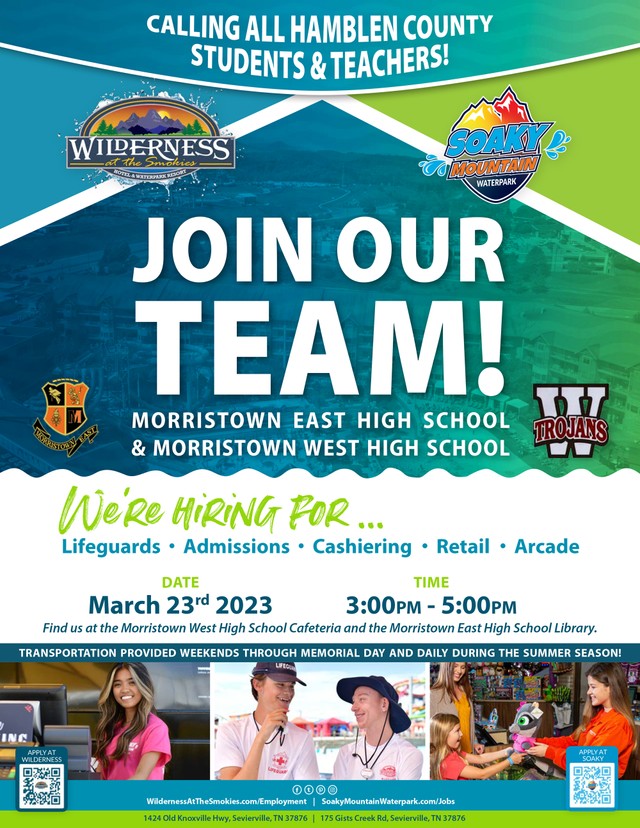 Calling all <a href="/MoEastHS/">Morristown East High School</a> and Morristown West High School students! We're hiring and want you to join our team! We'll be at both campuses on March 23rd from 3:00-5:00 pm! 

Stop by, and learn how to begin your career at <a href="/WildSmokies/">Wilderness@Smokies</a>!

#MorristownTN #nowhiring