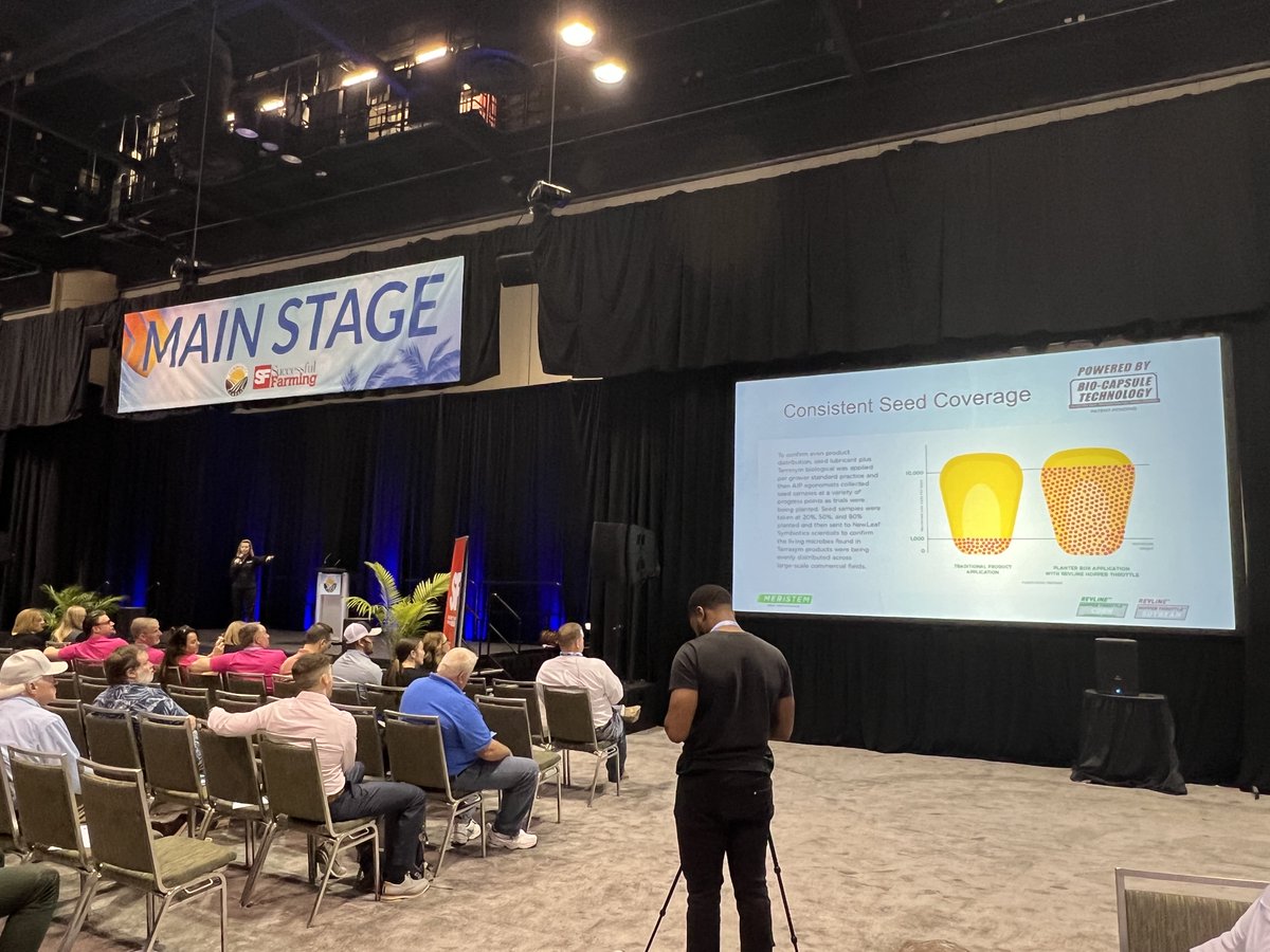MeristemAg's tweet photo. Melanie Burk, Meristem's Sales & Business Director – East, breaks down our BIO-CAPSULE TECHNOLOGY™ today on the Main Stage @ComClassic. 🌱🗣 #NutrientUseEfficiency #FightBack #MoreBushelsForLess #Classic23 https://t.co/ck4L9vybZQ