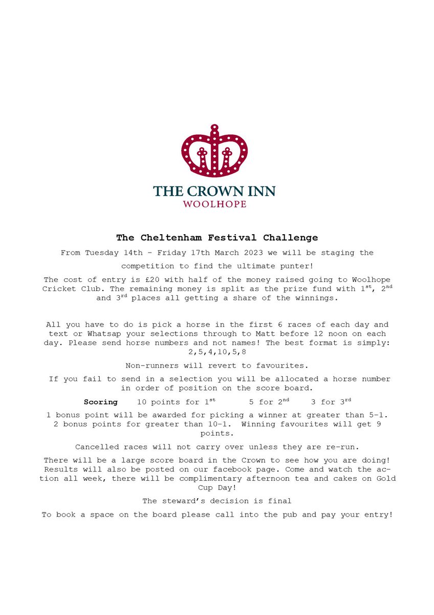 It’s almost time for the greatest show on turf! 

Calling all fans to join our 
#CheltenhamRaces Challenge and support <a href="/WoolhopeCC/">Woolhope CC</a> #Cheltenham2023 
<a href="/edwardwabailey/">Ed Bailey</a> <a href="/StanSheppard9/">Stan Sheppard</a> <a href="/richpatrick17/">Richard Patrick</a> <a href="/tflacey/">Tom Lacey</a> 
Open for lunch Wednesday, Thursday and complimentary tea on #goldcup day