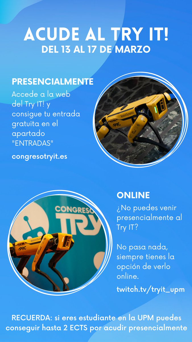 ✨ TRY IT! | ALUMNOS UPM ✨

¿Conoces el Try IT? Es el congreso de tecnología 🤖 más grande de la UPM, celebrado del 13 AL 17 DE MARZO 🗓️

👉 Te acercamos a las empresas tecnológicas
👉 Consigue hasta 2 ECTS por venir

Te explicamos cómo venir, PRESNECIAL u ONLINE 🌐
<a href="/La_UPM/">Universidad Politécnica de Madrid</a>
👇👇