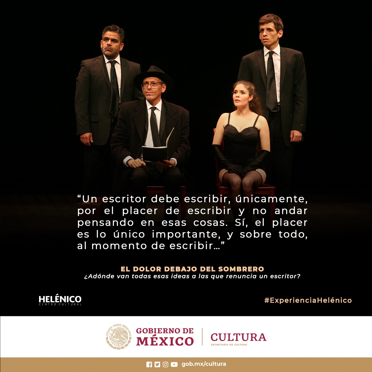#ÚltimaSemana

¿Alguna vez te has sentido atrapado en tu propia cabeza? "El dolor debajo del sombrero" es una obra que aborda el tema de la crisis creativa del escritor. 

#ExperienciaHelénico

📅Hasta el 12 de marzo
⌚️Vie. 20 h.• Sáb. 19 h. Dom. 18 h
🎟 bit.ly/3kziIkU