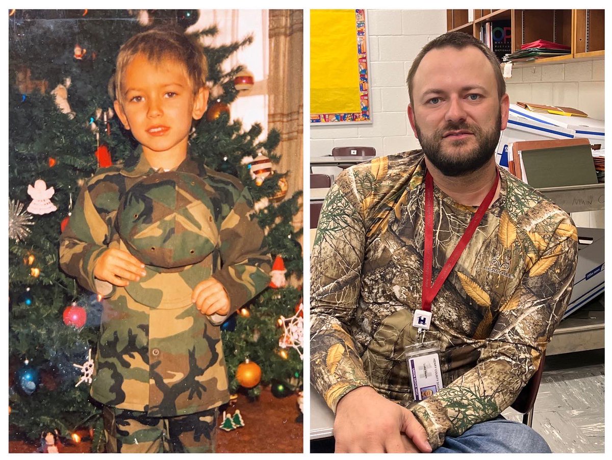 DrLukeH's tweet photo. It’s #exceptionalchildrensweek and today’s theme is “We Will Not Camouflage Our Gifts.” We had to take some pictures in shifts today. Last one is of me today and the last time I probably wore camo. #learnwithhearn #learnwithdrhearn #eseweek_hcs @HenryCountyBOE @UGHS_Wolverines https://t.co/yCSkrGua0P