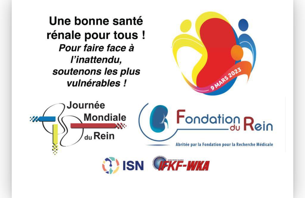 #JourneeMondialeduRein 

Un adulte sur dix souffre d’une affection rénale, soit près de 850 millions de personnes dans le monde. L’Organisation Mondiale de la Santé prévoit une augmentation de la prévalence de la maladie rénale chronique de 17 % dans les 10 ans à venir.