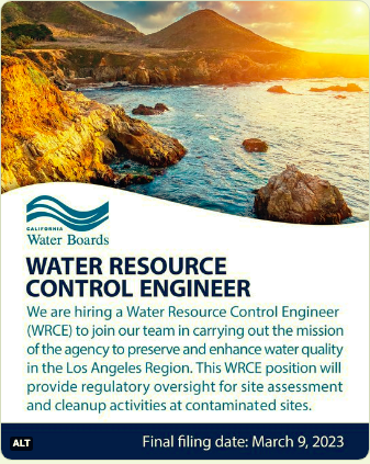 CaWaterBoards's tweet photo. Calling all Water Resource Control Engineers! Come work for the Los Angeles Regional Water Quality Control Board and help preserve water quality in the Los Angeles Region. Deadline is TODAY!
Apply: https://t.co/F2zdl7fksx https://t.co/xSLqsKfHRr