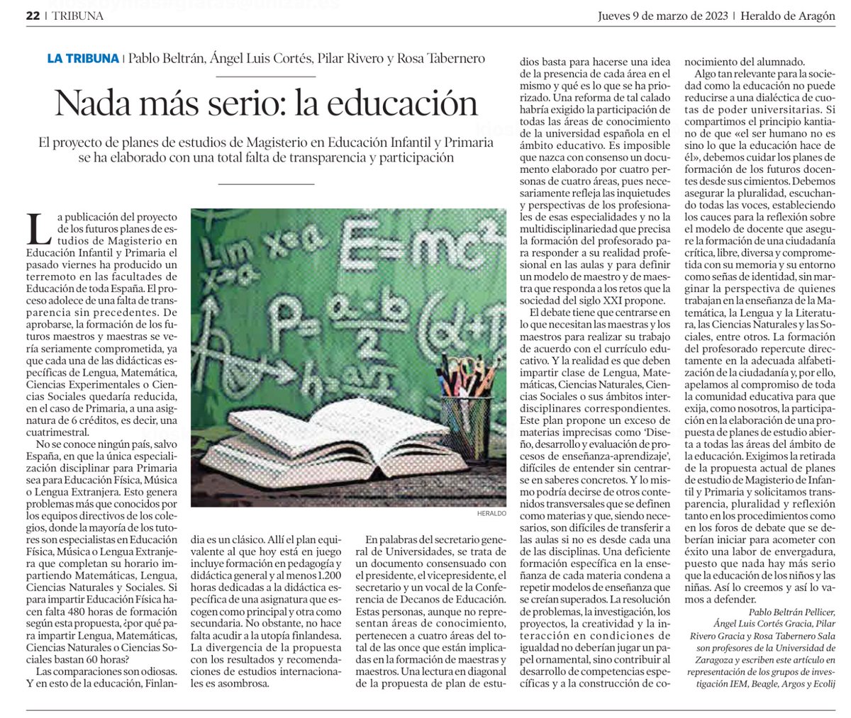 Compartimos una lectura muy interesante de los compañeros Pablo Beltrán, Ángel Luis Cortés y las compañeras Pilar Rivero y Rosa Tabernero sobre el proyecto de planes de estudio de Magisterio.