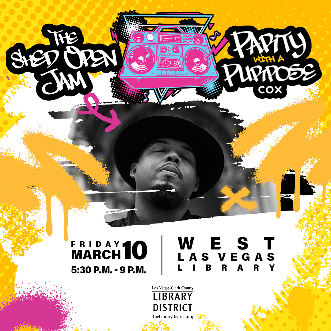 LVCCLD's tweet photo. Party with a purpose! RSVP now for this special one-night performance starring @AnuTheGiant &amp; @TheShedOpenJam All-Stars as we celebrate 50 years of #HipHop at #WestLasVegasLibrary on March 10 in partnership with @CoxComm. Details: https://t.co/RFe6RwJTFp #HipHop50CALM https://t.co/OE6F7gcZJN