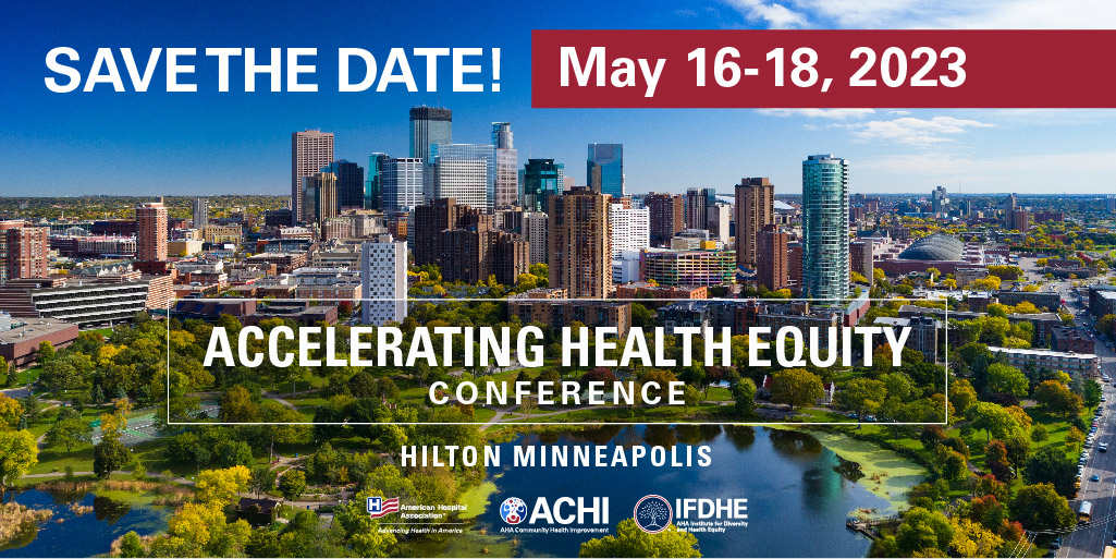 Join CCI at @ahahospitals in Minneapolis! The Accelerating Health Equity Conference, hosted by @IFD_AHA &
@communityhlth, takes place May 16-18. Check out conference updates here: equityconference.aha.org #healthequityconf