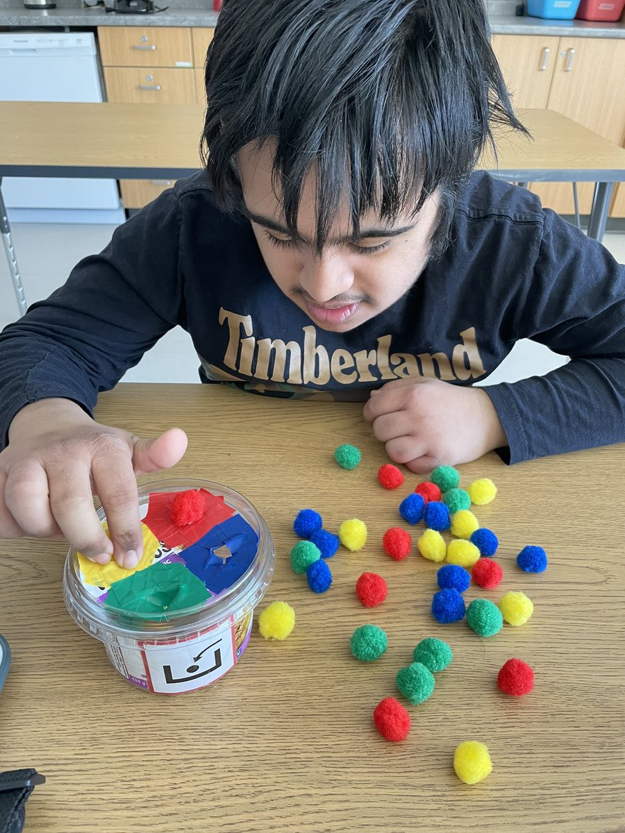 MsWillettR's tweet photo. #SpecialEducation #WorkTasks don’t have to be complicated nor expensive. This is a recycled container, coloured tape, and pompoms (dollar store). Great #FineMotorSkills &amp; #ColourSorting task! #SpecialEducationTeacher #OakCreekAces #WRDSB @wrdsb @oakwrdsb https://t.co/2U2uplPevQ