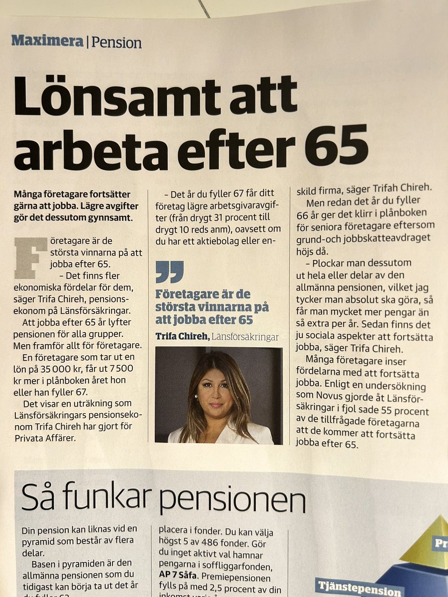 Företagare är de största vinnarna på att arbeta efter 66.
En företagare som tar ut en lön på 35 000 kr/mån får ut 7500kr mer i plånboken året hen fyller 67, vilket blir 90 000 kr på ett år (efter skatt).  <a href="/privataaffarer/">Privata Affärer</a>