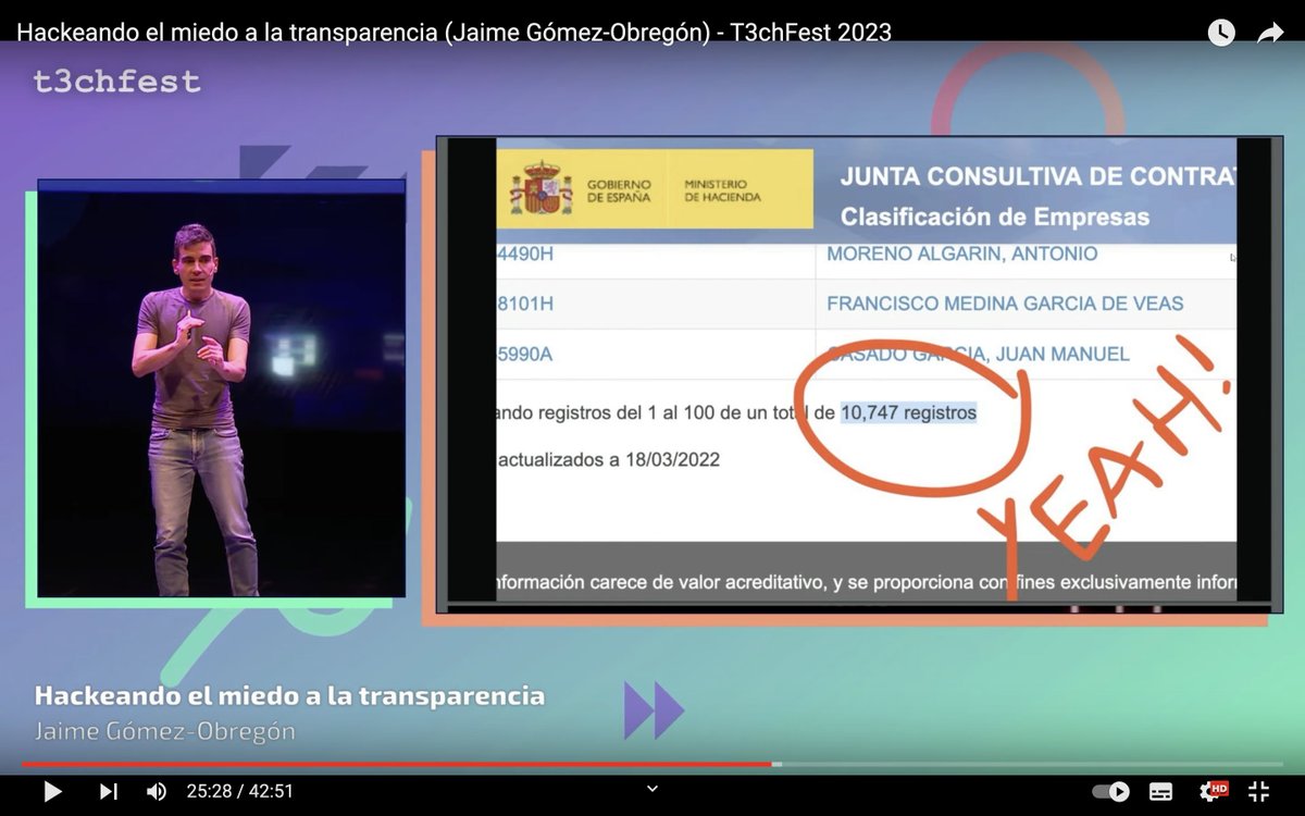 👨‍💻 ¡Hackeando el miedo a la transparencia!

Aquí os dejo mi divertida charla en la clausura del @t3chfest. ¡Es la yincana de acceder a los datos de contratación pública! Y un nuevo deporte olímpico: trolear a @HaciendaGob y a los becarios de Indra. 😂

▶️ youtube.com/watch?v=Od2RsY…