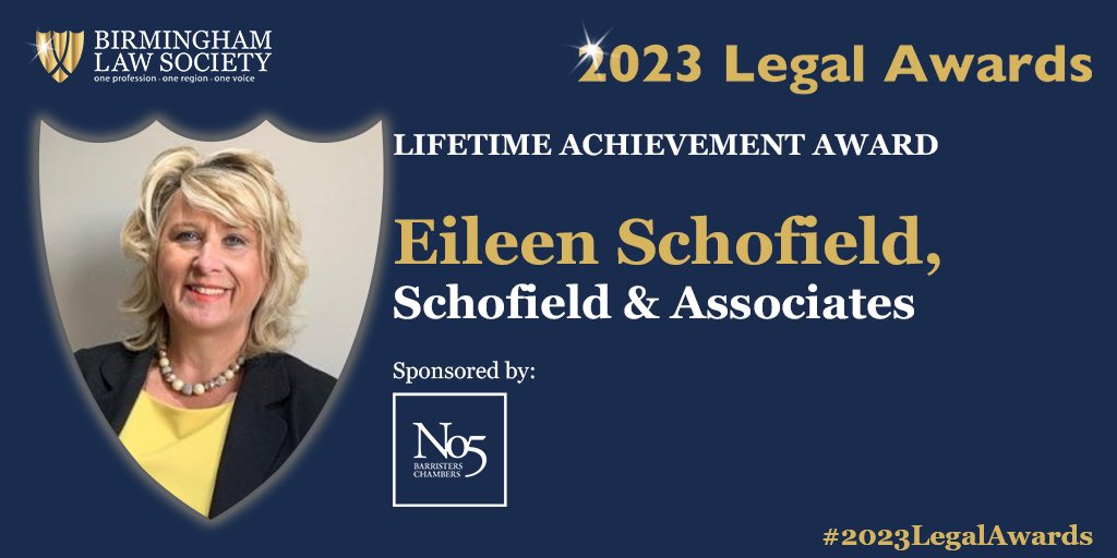 BhamLawSociety's tweet image. We&apos;re pleased to announce the recipient of the Lifetime Achievement Award, sponsored by @No5Chambers, goes to Eileen Schofield from @SchofieldEmpLaw #2023LegalAwards