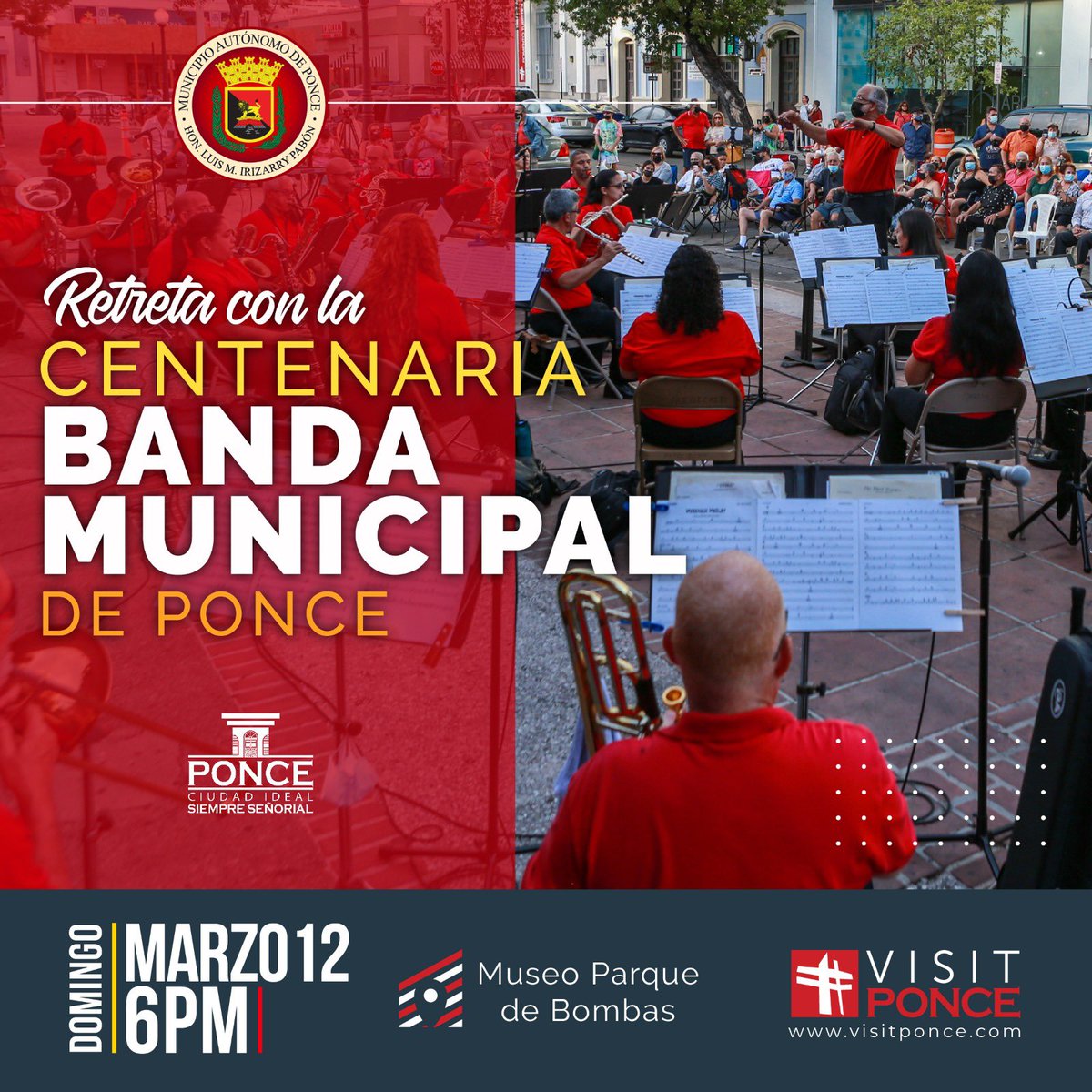 Tienen un encuentro el domingo en nuestra Retreta con la Centenaria Banda Municipal de Ponce. Favor llevar su silla para disfrutar de la presentación. #VisitPonce #PonceCiudadIdeal #PonceEsPonce #PonceEstaTrending #CiudadSeñorial #estamoscambiando #VamosPonce