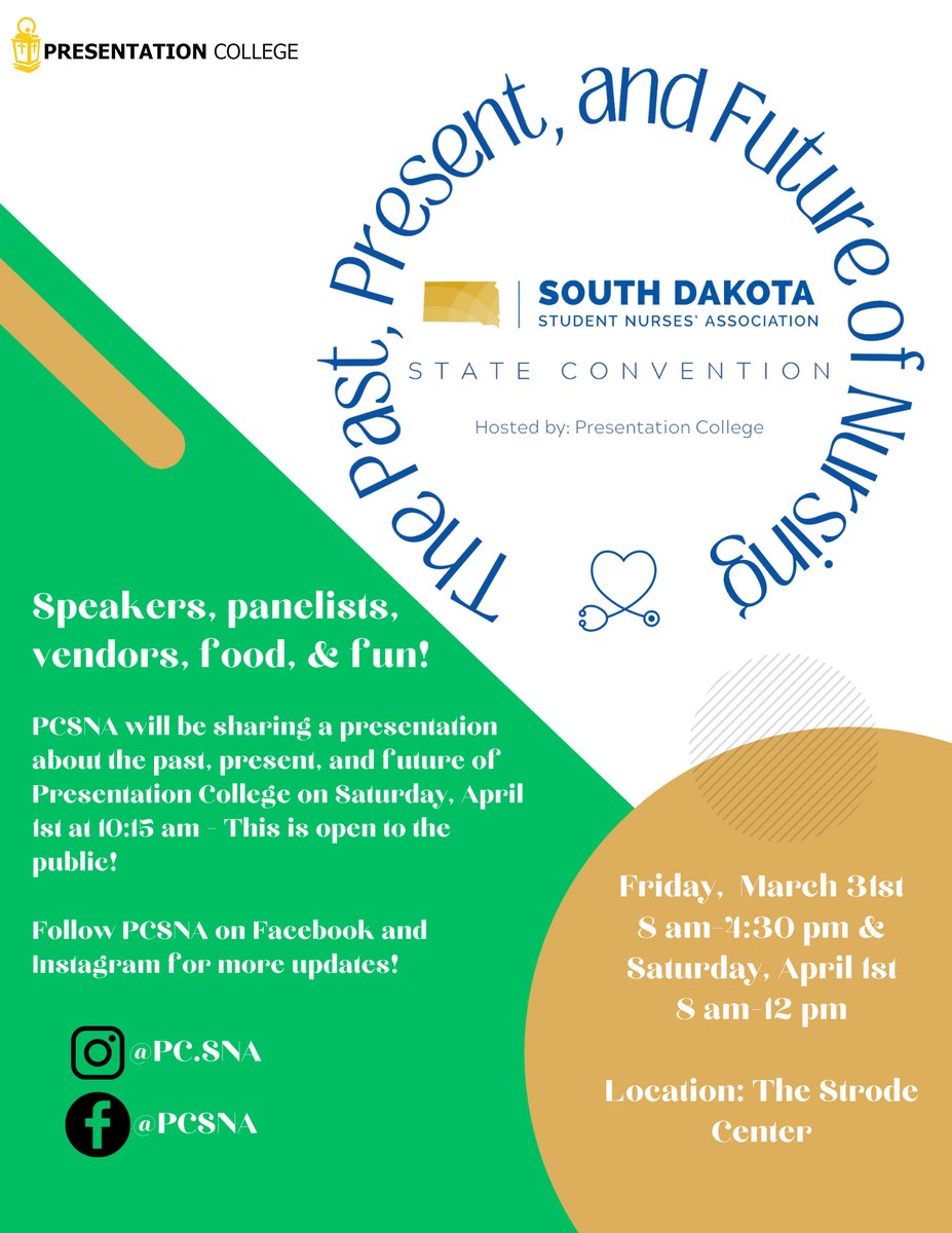 Join the South Dakota Student Nursing Association for their state convention on Saturday April 1st at 10a.m. in the Strode for a presentation about the history and legacy of Presentation College! Hosted by PCSNA!