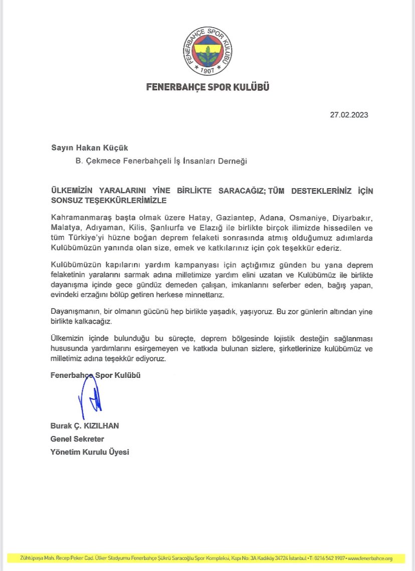 hknkckfb's tweet photo. 11 ilimizde hissedilen ve tüm Türkiye'yi hüzne bogan deprem felaketinde atmis oldugumuz adimlarda Kulübümüzün yaninda olan bize, emek ve katkılarımızdan dolayı kulübümüz tarafından gönderilen teşekkür mektubu #Fenerbahce #fener #1907 #teşekür #bufid https://t.co/bvmItq1Eun