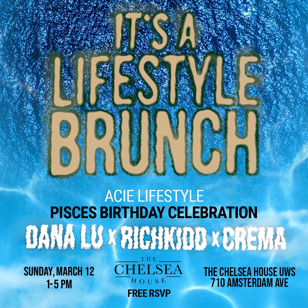 When do you ever see a party brunch on the Upper West Side?

This weekend 3/12 Sunday 
It’s A Lifestyle Brunch at Chelsea House UWS

Pisces Birthday Celebration 🌊
<a href="/DJDanaLu/">Dana Lu</a> x <a href="/DJRichKidd/">DJ RICHKIDD</a> x Crema

PARTY BRUNCH 2-5PM
RSVP: opentable.com/r/chelsea-hous…