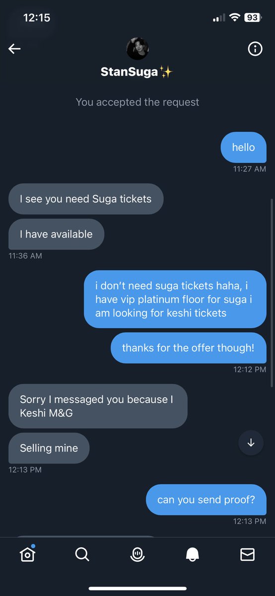 splashkitty1230's tweet photo. hello everyone, this is a scammer for whoever is looking for agust d / keshi(?) tickets. the person dmed me bc they thought my keshi post was for agust d and proceeded to ask about ticketmaster account when the tickets are sold through axs. @FTaylorstan https://t.co/IAQbrfI7Zn