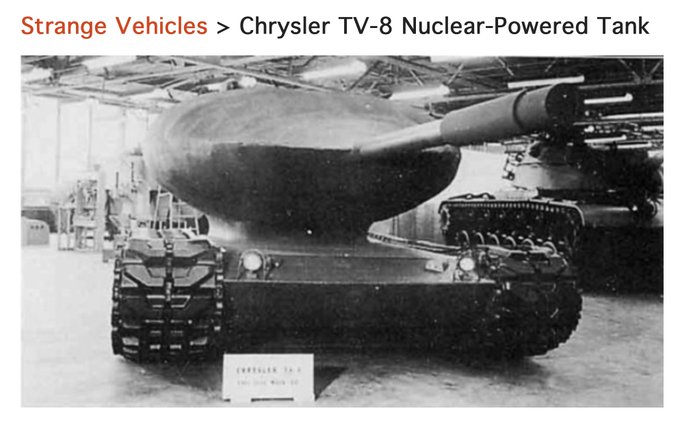 Photo of the Chrysler TV-8 nuclear-powered tank. It looks like the bottom chassis of a tank with an enormous bulbous, aerodynamic current.