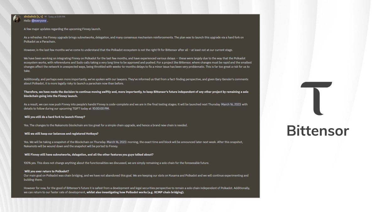 DreadBong0's tweet image. Bittensor to utilize own blockchain for Finney instead of Polkadot 🔥

✅ Code complete
✅ Final testing stages
✅ #Finney launch on March 16, 2023

For legal &amp;amp; technical reasons, $TAO will no longer join Polkadot ecosystem.. instead become an independent blockchain 🔥
