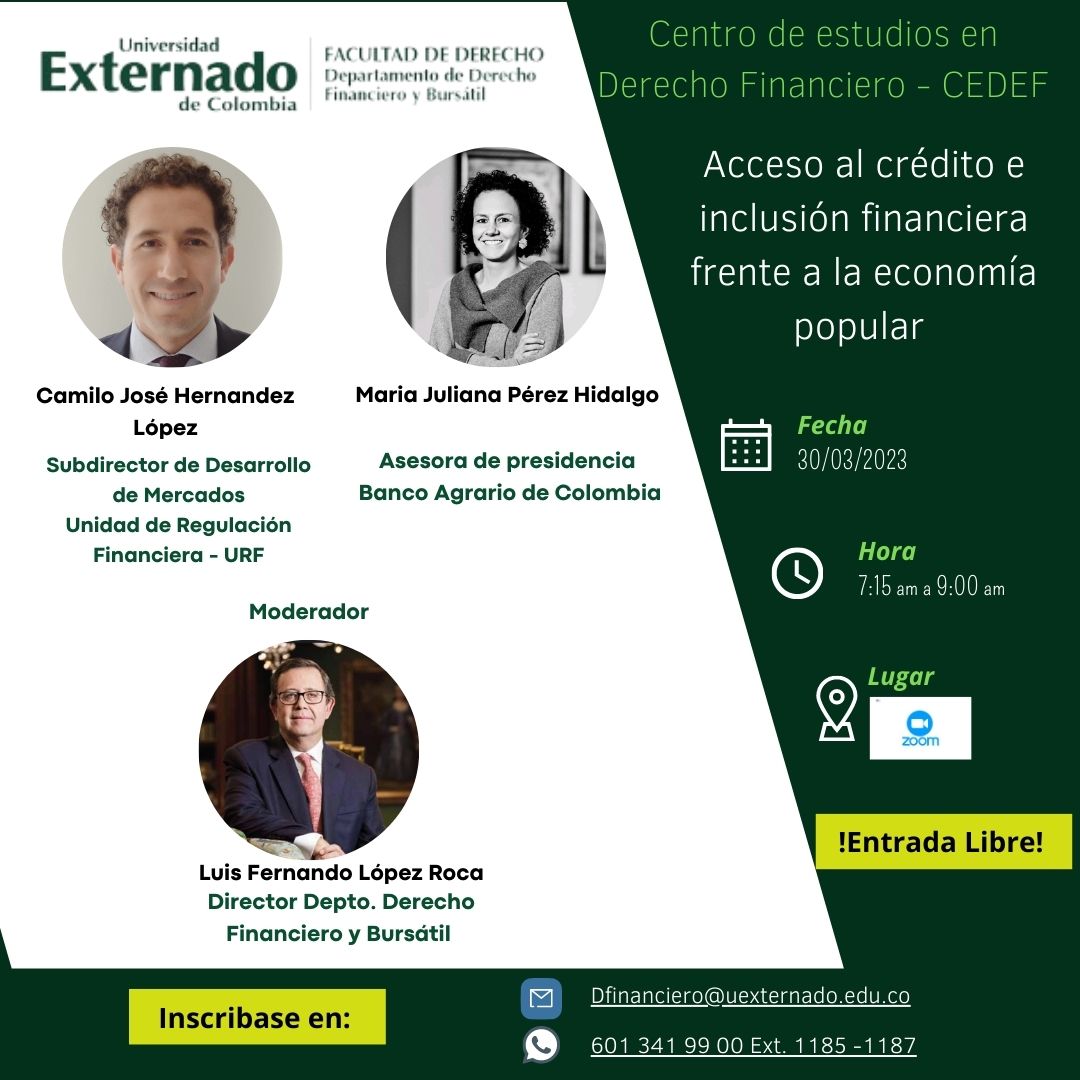 dfinybursatil's tweet photo. #EventoUExternado
📌 Inscripciones abiertas!! CEDEF Virtual Acceso al crédito e inclusión financiera frente a la economía popular
🗓 Fecha: 30 de marzo de 2023 - 7:15 am
💻 Modalidad: Virtual ZOOM
👉🏻 Inscríbete:☎PBX 601341 9900 exts. 1185 y 1187
📧 dfinanciero@uexternado.edu.co https://t.co/swbpPW8t28